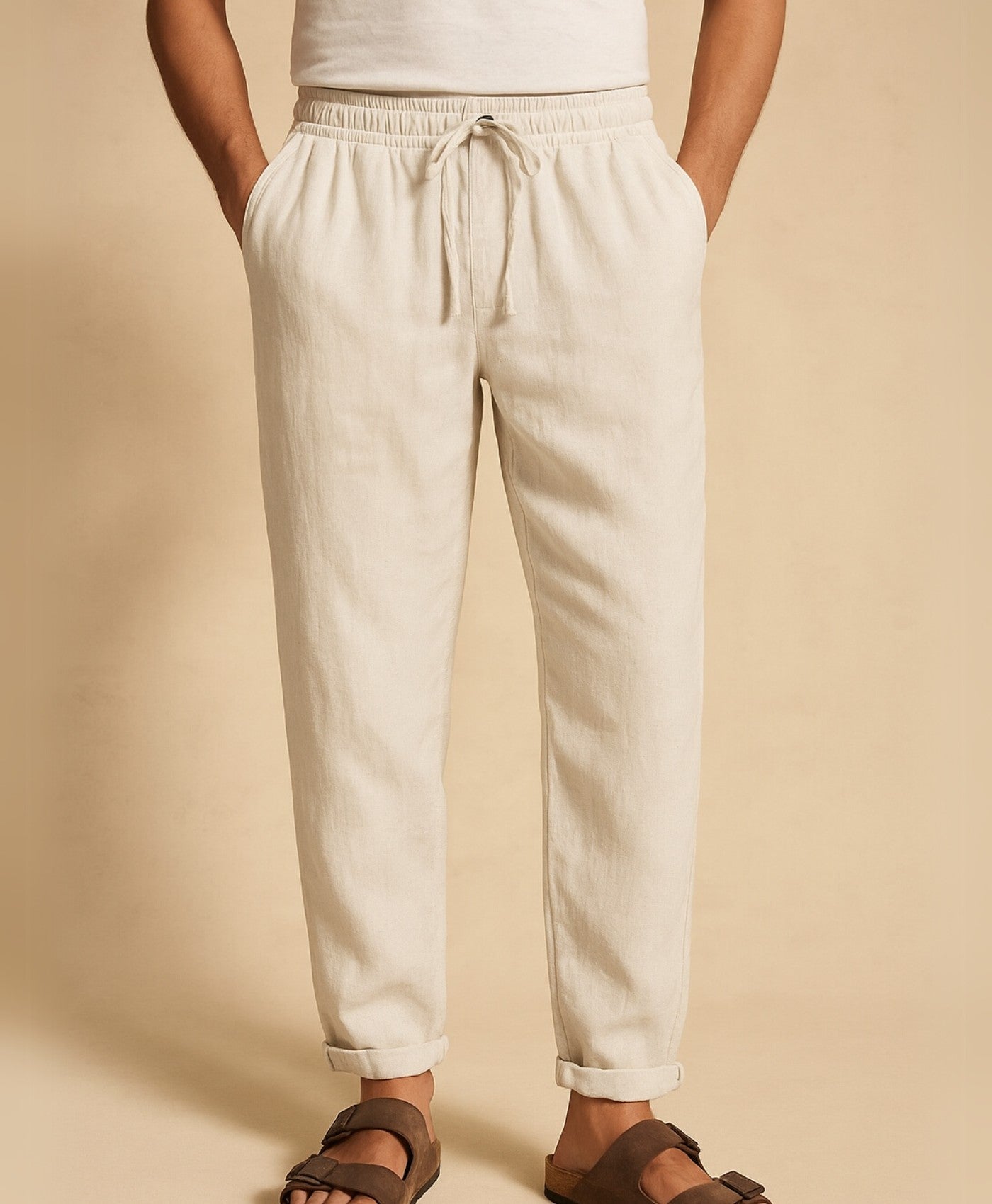 Licht Beige Monaco Linnen Broek